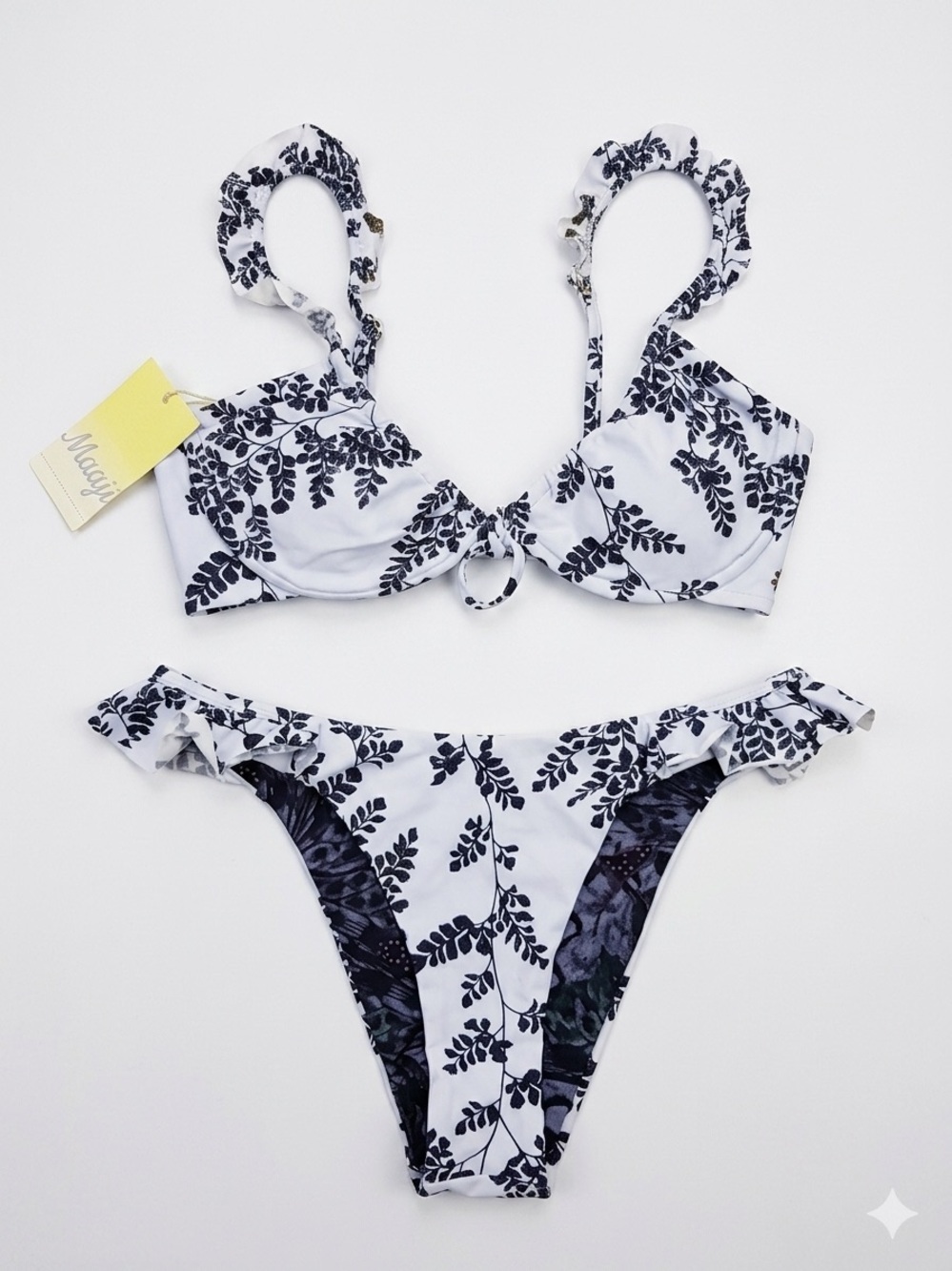 NWT Maaji Blue & Black Botanical Underwire Top Ruffle Bikini Bottom XL